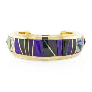 Black Jade, Fire Opal & Diamond Raoul Sosa Ladies Bracelet Cuff 14K Yellow Gold